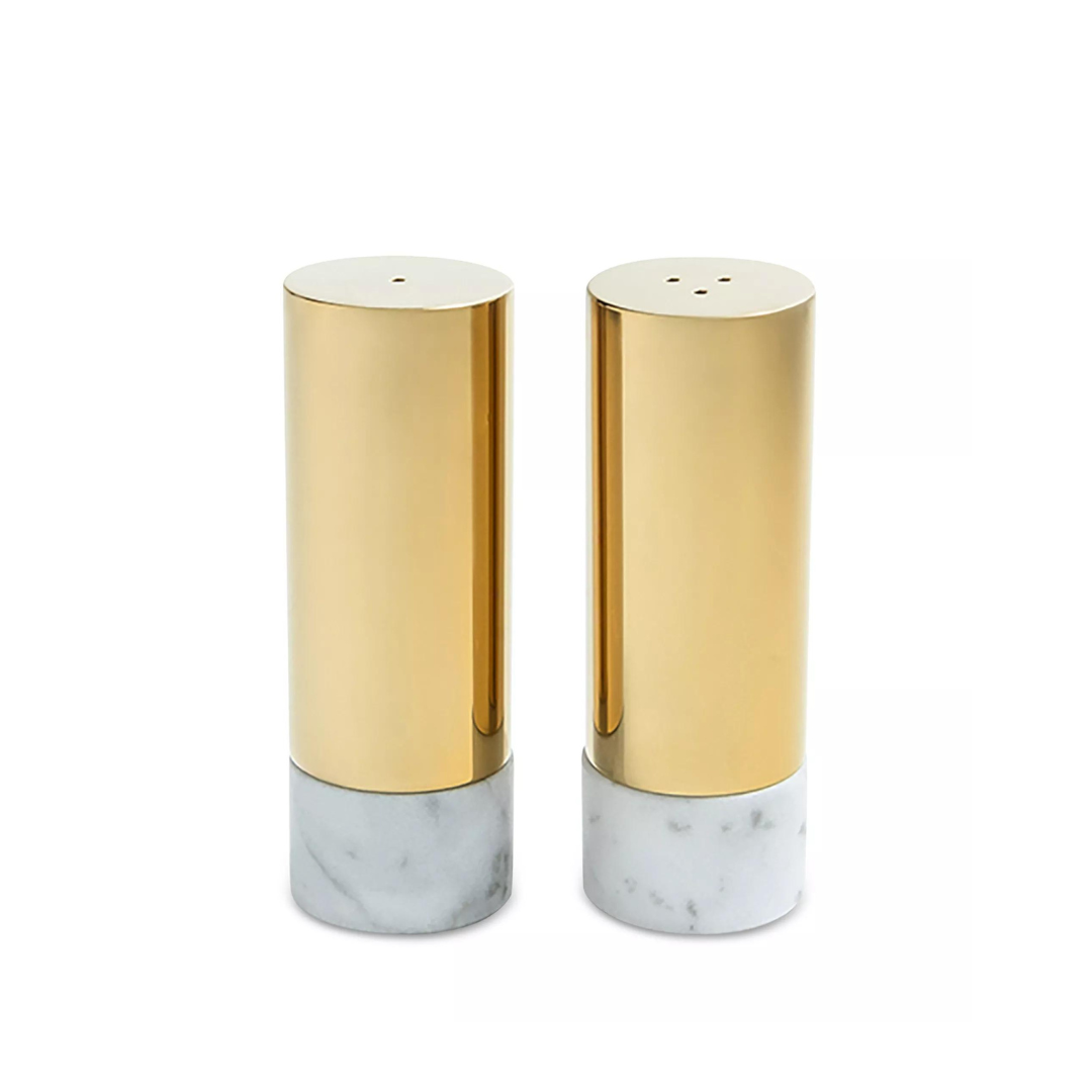 Dual Salt & Pepper Shakers Marble & Gold Set of 2