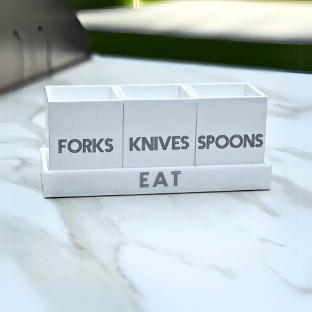 Let's Eat Silverware Caddy White with Dark Grey
