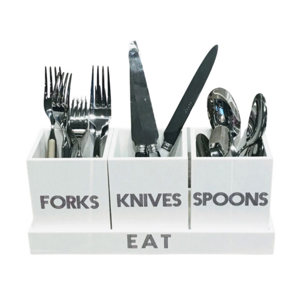 Let's Eat Silverware Caddy White with Dark Grey