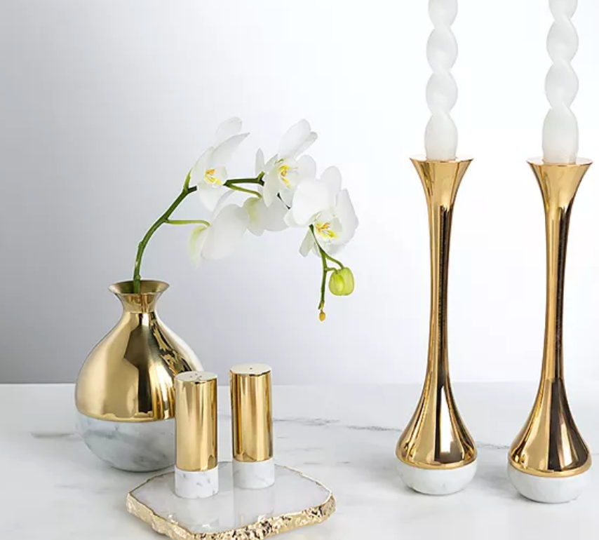 Dual Salt & Pepper Shakers Marble & Gold Set of 2