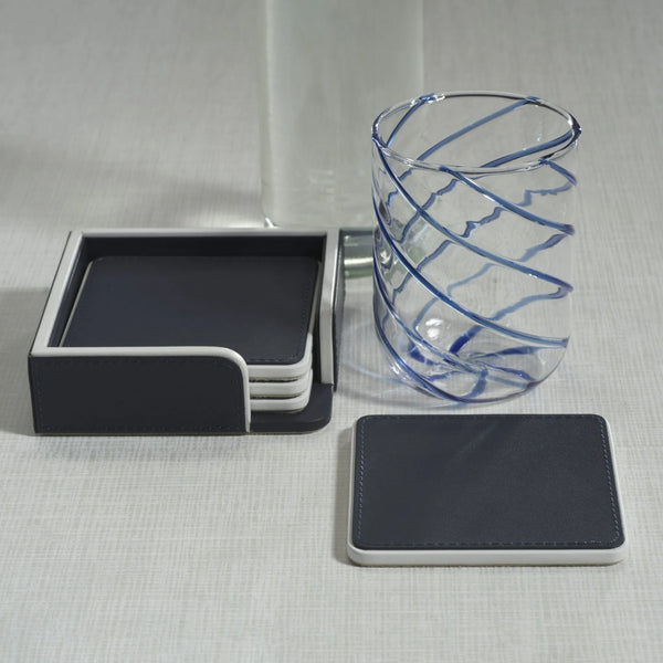 Napoli Leather Coaster Set of 4- Navy & White