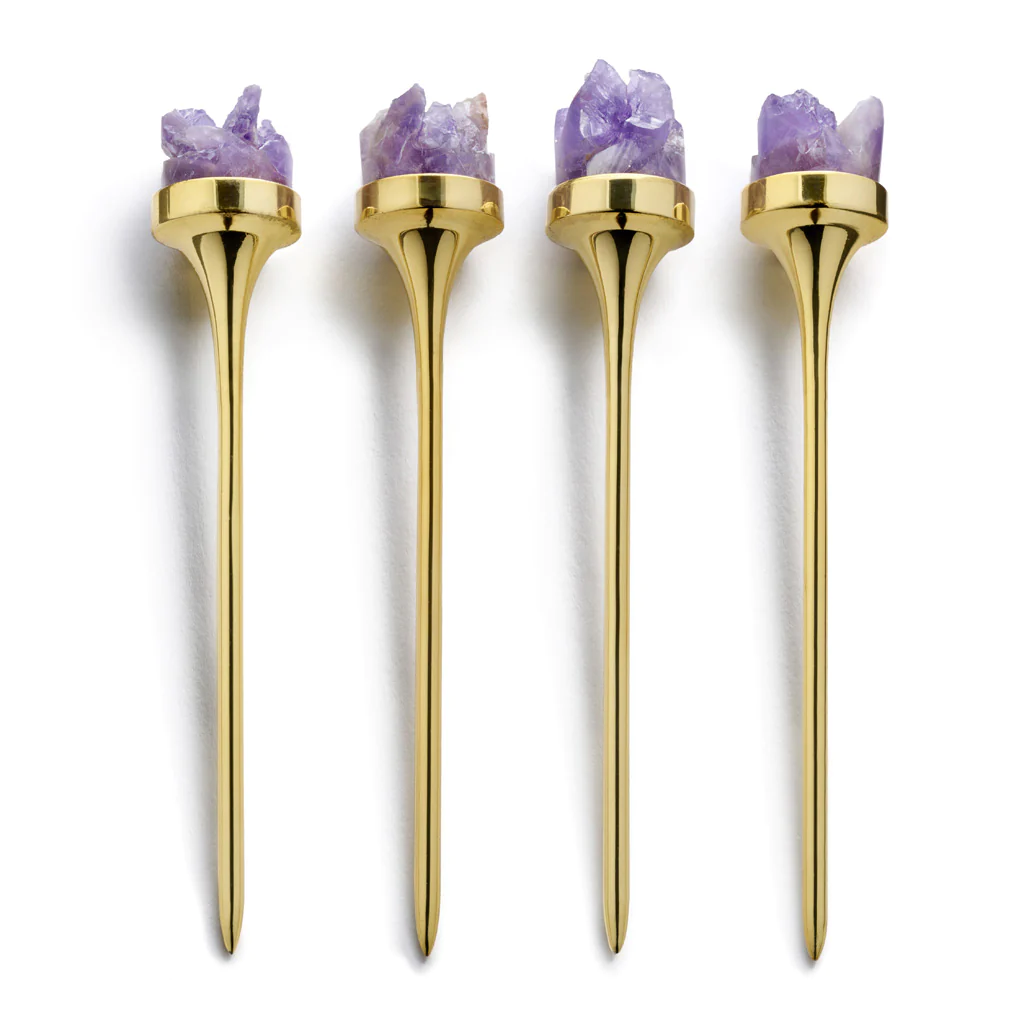 Hospitality Cocktail Picks, Gold & Amethyst Druze, Set of 4