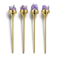 Hospitality Cocktail Picks, Gold & Amethyst Druze, Set of 4