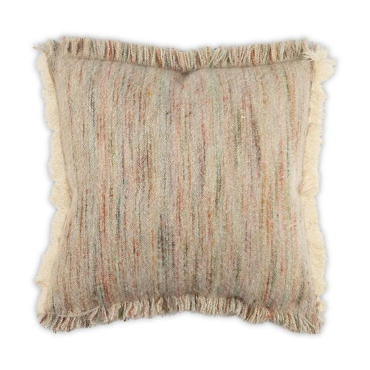 The Moss Studio Nest Frayed Pillow - Petal 22 x 22 is a square decorative pillow crafted with multicolored, striped fabric in muted tones of beige, brown, and subtle accents, and finished with stylish fringed edges.