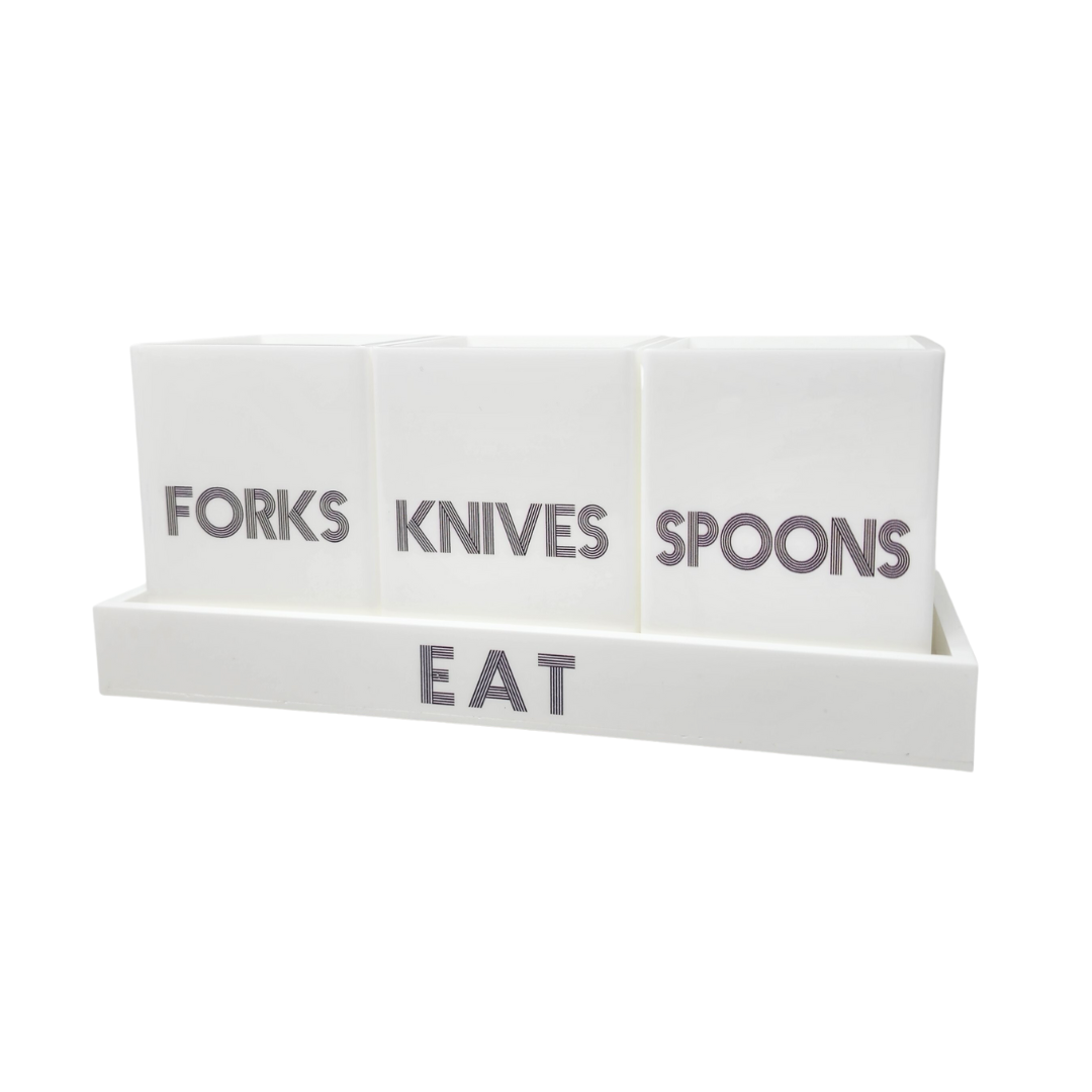 Let's Eat Silverware Caddy White with Dark Grey