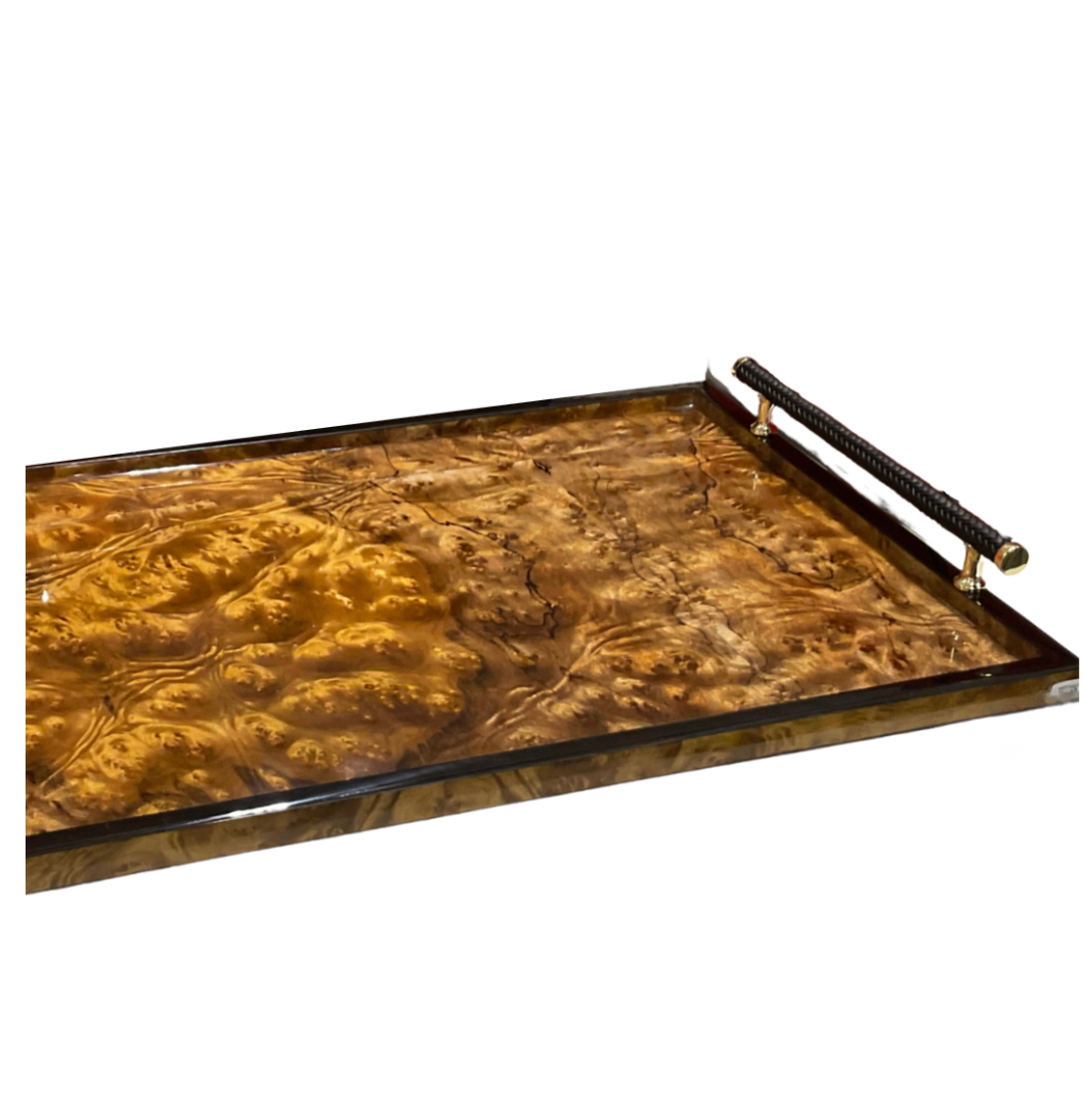 Lacquer Breakfast Tray - Walnut Burl & Leather Handles