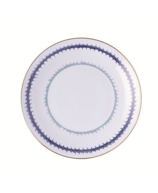 A round white Marie Daage Rafia 4 Platinum plate features a gold rim and two decorative blue patterns, showcasing the refined elegance of hand-painted Marie Daâge porcelain dinnerware.