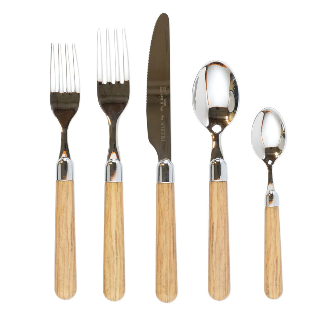 The albero flatware has oak wood like acrylic handles and is made of stainless steel. This set has five pieces.