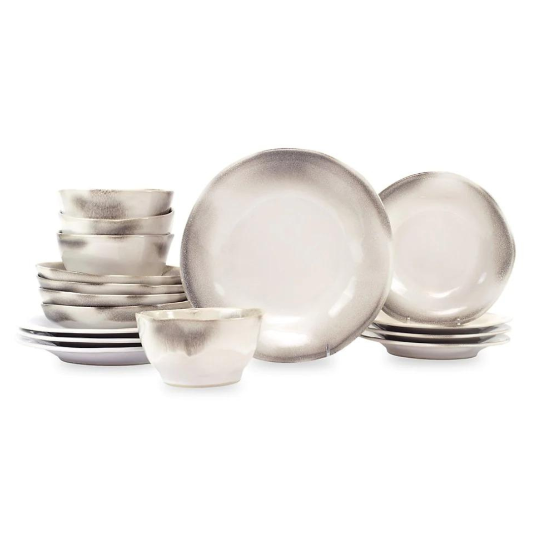This aurora dinnerware set features stoneware made plates.