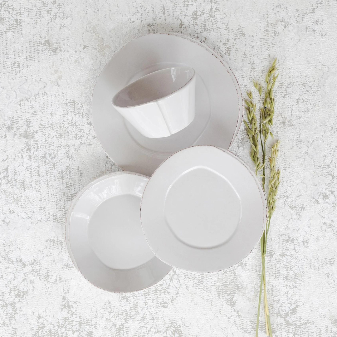 Lastra stoneware dinnerware set. Includes salad, dinner plate, and mug, as well as pasta bowl.
