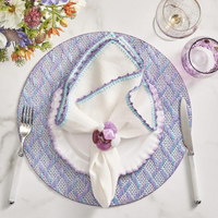 Knotted edge napkin in white, lilac, blue.