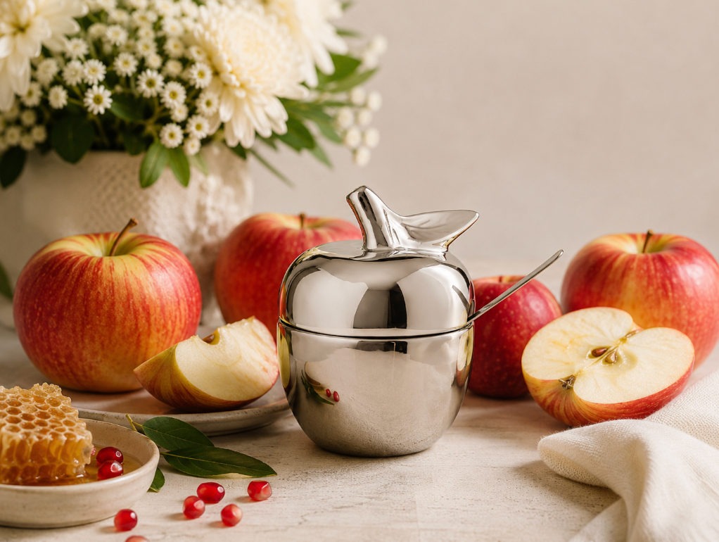A metal apple-shaped dish with a silver leaf lid sits among fresh apples, sliced apples, and white flowers, promoting Jewish holiday products for a sweet New Year.