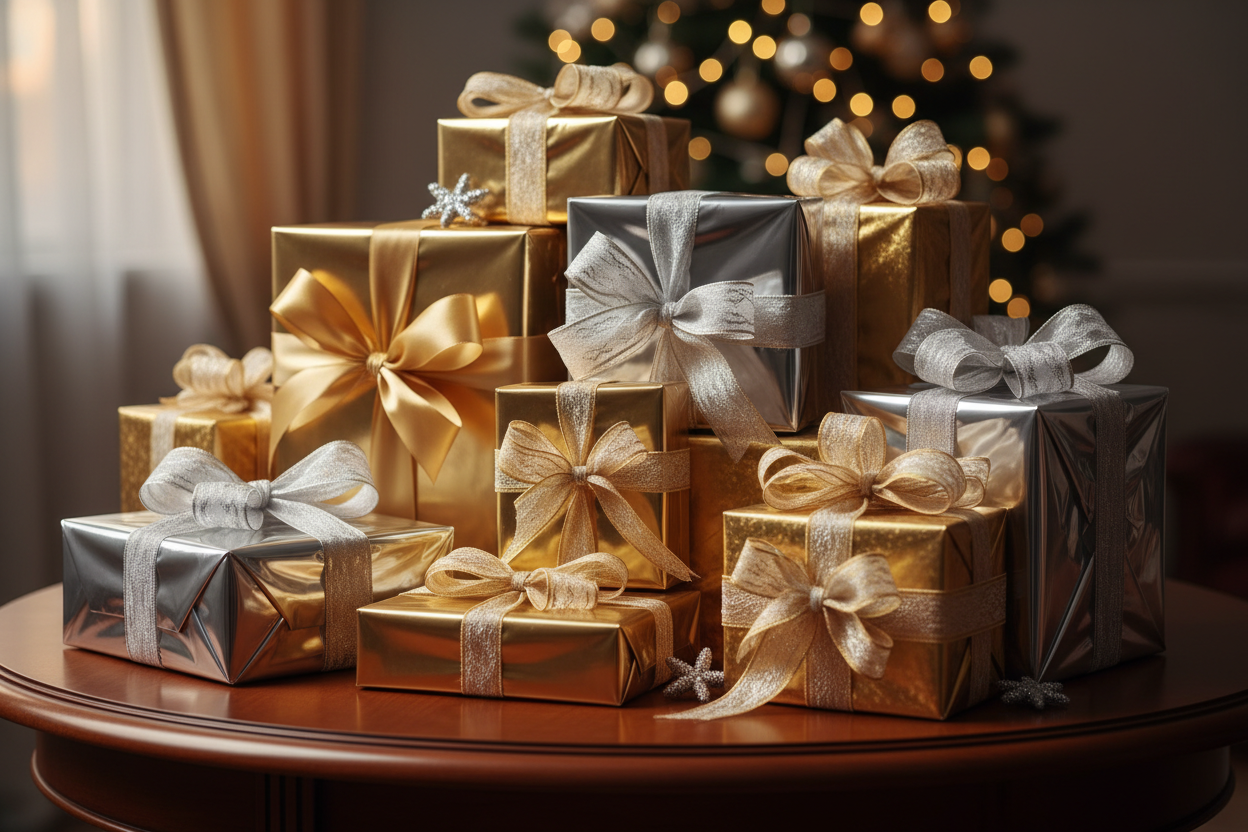A group of gold and silver gift boxes with shiny ribbons are arranged on a wooden table. A Christmas tree with twinkling lights is visible in the softly lit background.