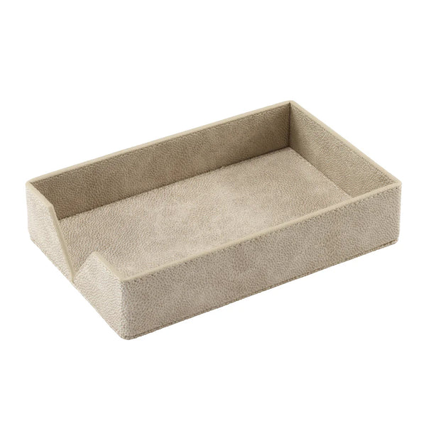 The Bodrum Stingray Guest Towel Holder is a beige rectangular tray with low sides and a small notch, perfect for holding notepads, paper, or guest towels. Crafted from phthalate-free vinyl for safe, stylish use.