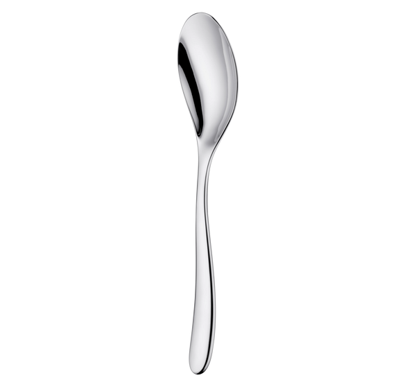 L’Âme de Christofle stainless steel serving spoon featuring French craftsmanship, with a long, slender handle and a slightly tapered bowl.