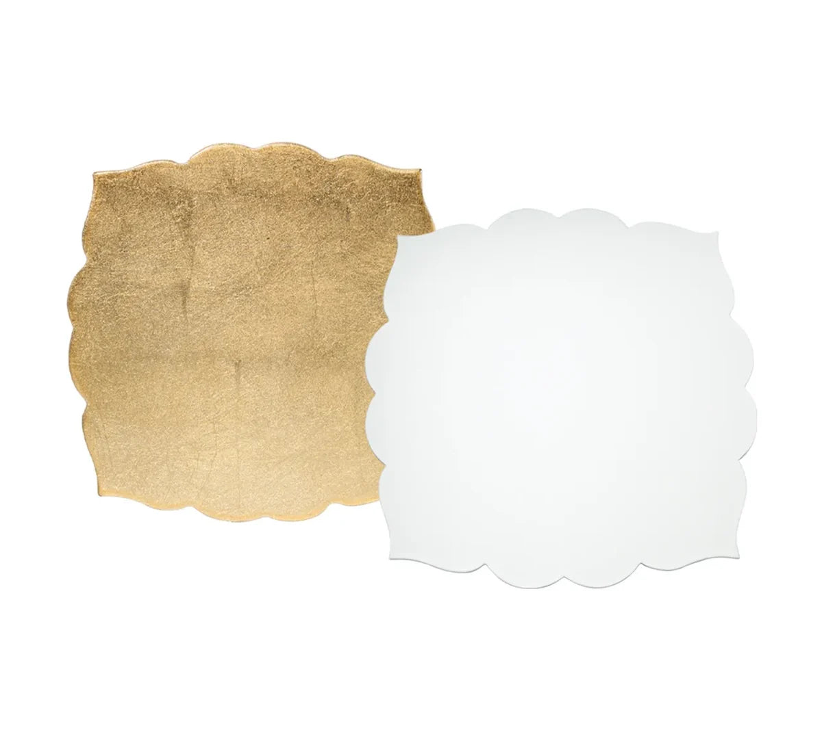 Two square-shaped placemats from the Guzzini Fez Placemat Set of 4—one with a metallic gold Moroccan-inspired design and one in plain white—feature scalloped edges and are displayed side by side on a white background.