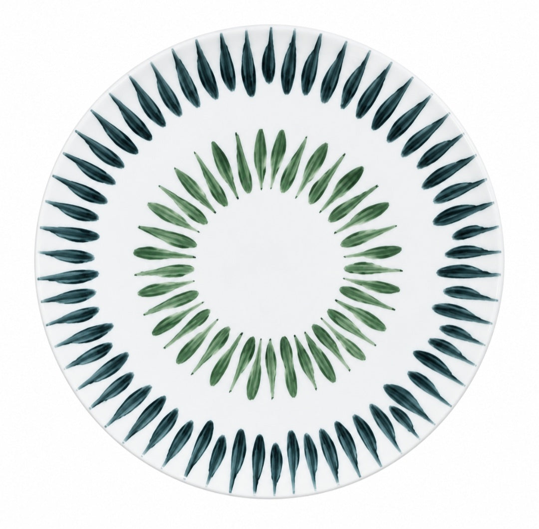 Marie Daâge Allee de Cypres 5 white Limoges porcelain dinner plate featuring two concentric rings of hand-painted green leaf motifs.