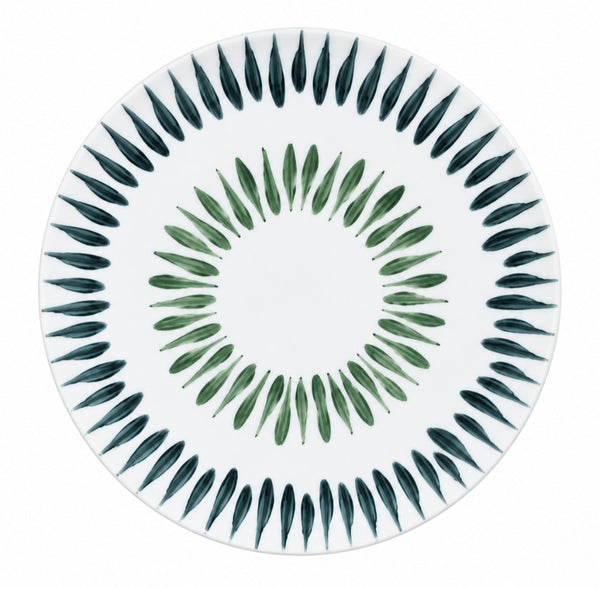 Marie Daâge Allee de Cypres 5 white Limoges porcelain dinner plate featuring two concentric rings of hand-painted green leaf motifs.