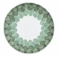 Marie Daâge Cercle d’Ecailles dessert plate, hand-painted with a central white circle surrounded by a scalloped, overlapping scale pattern in shades of sage and forest green.