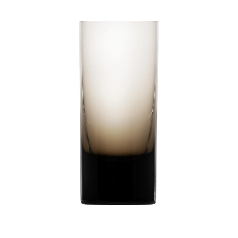 The Moser Whiskey Set Highball 400 ml is a tall, cylindrical glass made of lead-free crystal, featuring a gradient design that fades from clear at the top to black at the base, displayed on a white background.