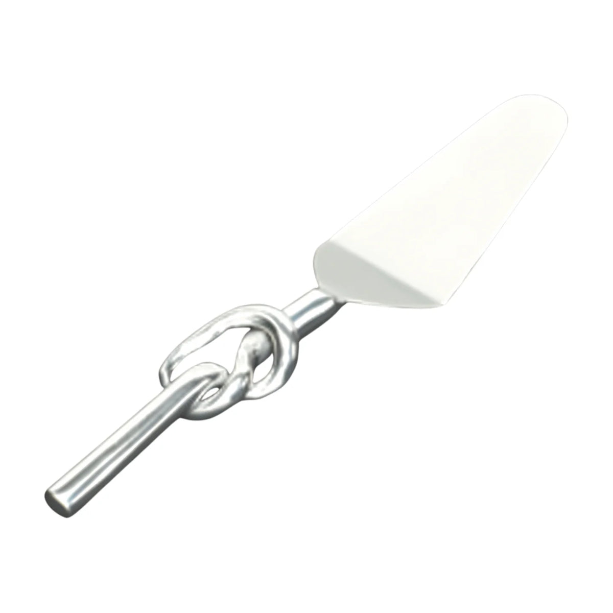 The Knotty Cake Server by Inspired Generations is a silver stainless steel cake server with a flat, triangular blade and a handle featuring a chain link design, shown isolated on a white background.