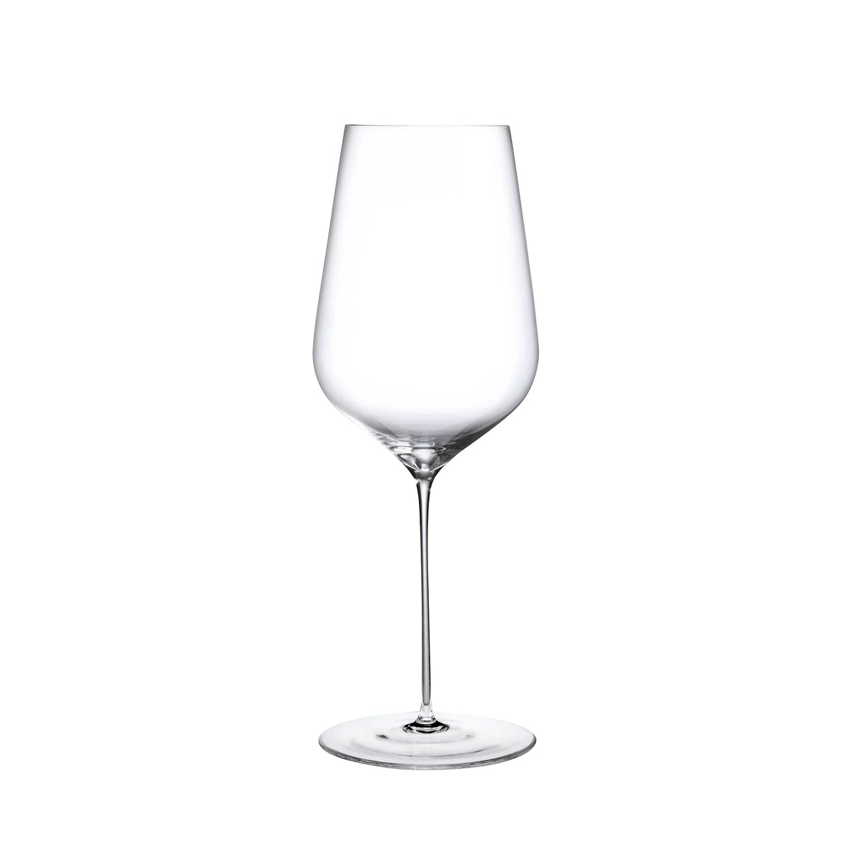 A clear, empty wine glass with a long stem and a wide bowl, crafted from lead-free crystal by Nude Glassware, stands upright against a white background. This elegant piece is part of the Stem Zero Barware collection, exemplifying the exceptional quality of Nude Glassware.