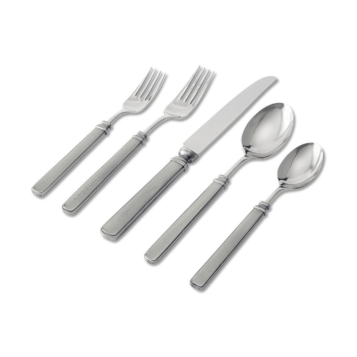 The MATCH Gabriella 5 Piece Flatware set features two forks, a knife, a large spoon, and a small spoon—crafted from 18/10 stainless steel with squared handles—displayed on a white background.