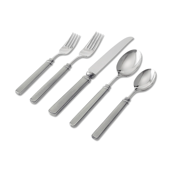 The MATCH Gabriella 5 Piece Flatware set features two forks, a knife, a large spoon, and a small spoon—crafted from 18/10 stainless steel with squared handles—displayed on a white background.