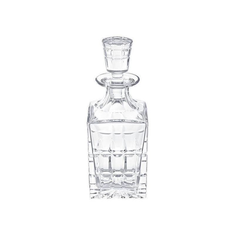 The Manhattan Square Decanter by Saint-Louis/Hermes features an elegant faceted crystal design with a matching stopper, ideal for spirits, and is displayed against a white background.