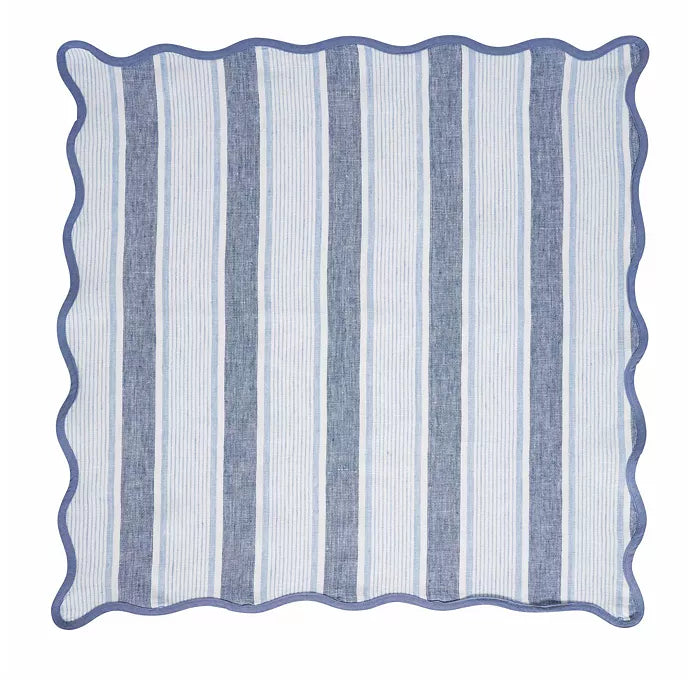 The Juliska Cabana Stripe Napkin Set of 4 - Ocean features square napkins with alternating vertical light blue and white stripes and a wavy scalloped trim along the blue border.