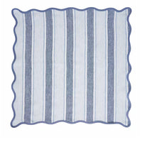 The Juliska Cabana Stripe Napkin Set of 4 - Ocean features square napkins with alternating vertical light blue and white stripes and a wavy scalloped trim along the blue border.