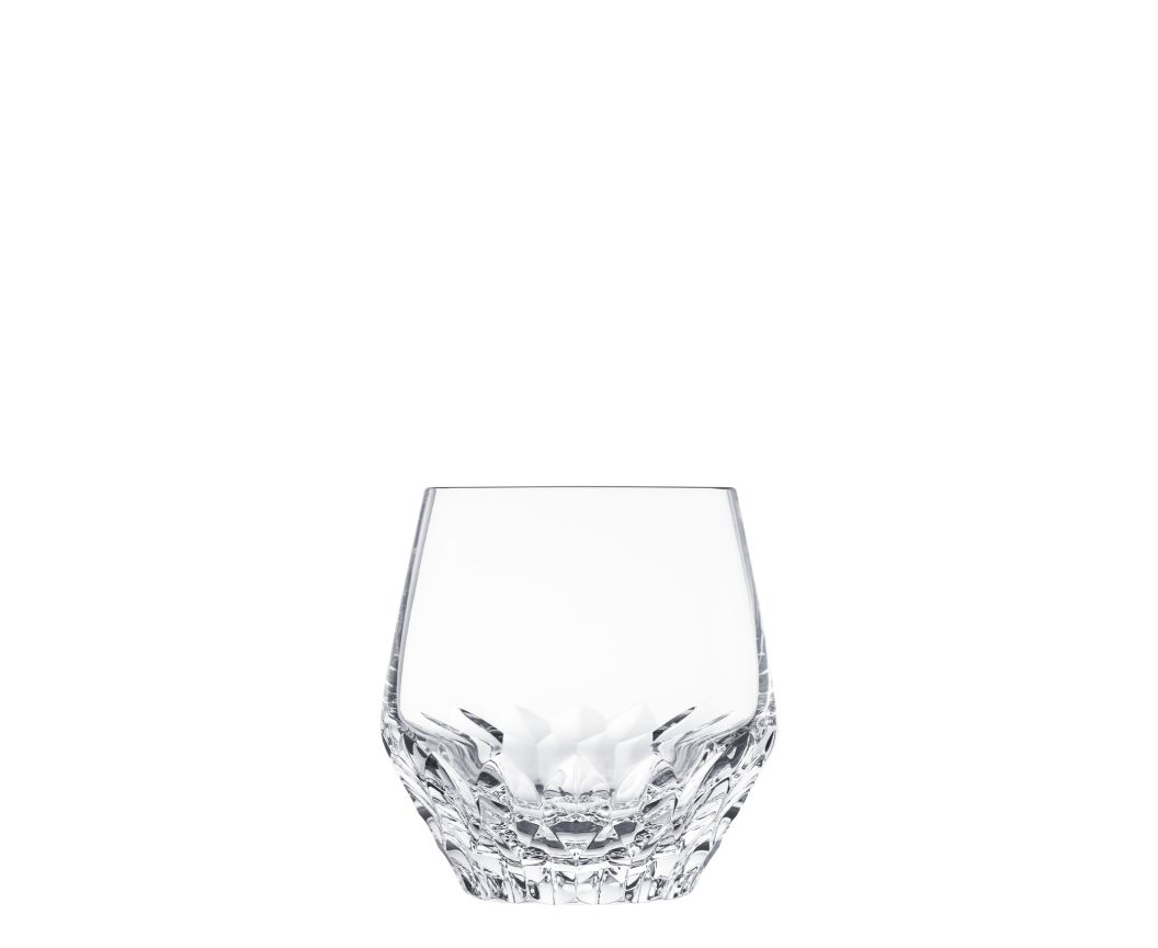 Clear mouthblown glass Folia Stemware tumbler with a hand-cut faceted base.