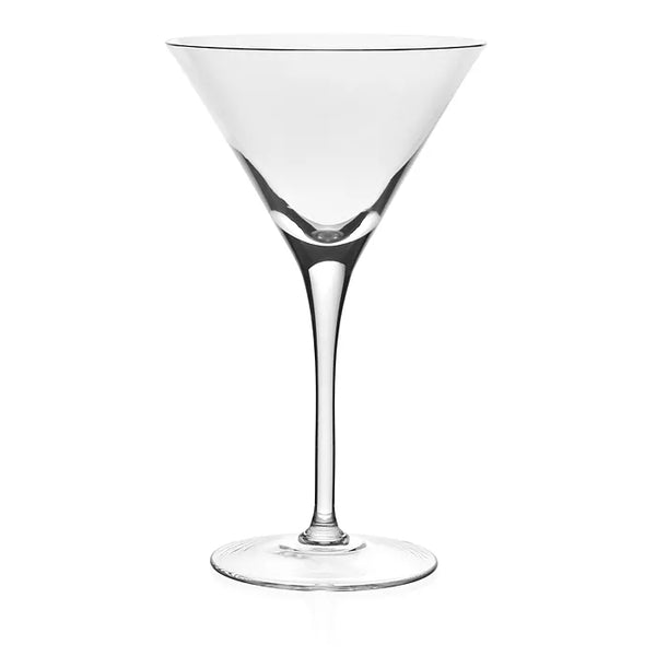 A handmade Lauren Drinkware crystal martini glass by William Yeoward, featuring a wide conical bowl, long stem, and round base, is set against a plain white background to showcase the elegant craftsmanship of this stemware.