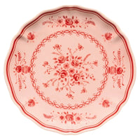 Vila Pink / Red dessert plate, a scalloped pale pink Portuguese ceramic dish featuring red rose motifs and decorative border patterns.