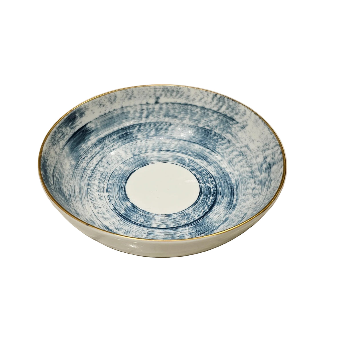 Experience the timeless artistry of hand-painted porcelain with the Marie Daage Agate Dinnerware by Marie Daâge—an elegant shallow ceramic bowl featuring a white base, striking blue circular brushstroke patterns, a refined gold rim, and a plain white center.