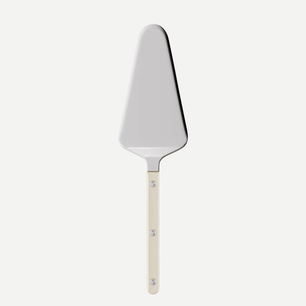 The Sabre Bistro Pearly Shiny Tart Server—a metal pie server from the Bistrot cutlery collection—features a triangular silver blade and a beige handle with three visible rivets, shown on a plain white background.