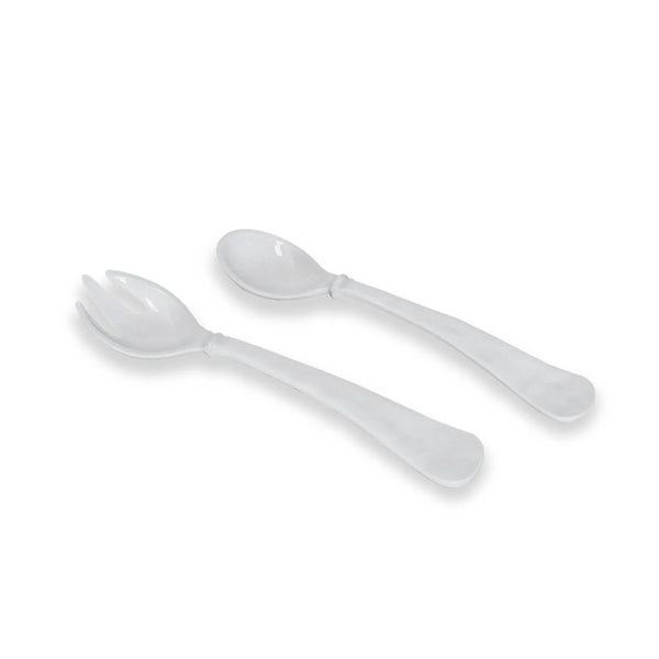 The Beatriz Ball Vida Havana Salad Servers in white—featuring a spoon and a three-tined spork—rest on a white background. These decorative, durable servers are dishwasher safe for easy cleaning.