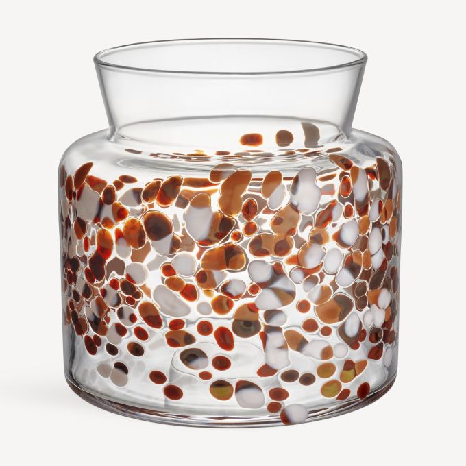 Small Meadow Vase Fall by Orrefors Kosta Boda, featuring a flared neck and an exterior pattern of brown and translucent white circular spots.