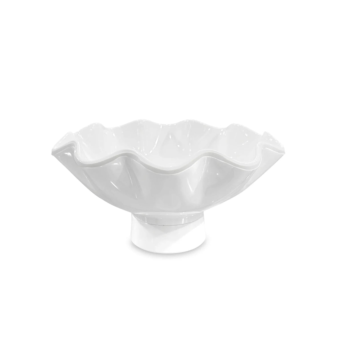 The Beatriz Ball Vida Havana Carola Pedestal Bowl White - Small is a white, glossy ceramic bowl with a wide, wavy scalloped rim and short round pedestal, making an elegant decorative accent against a plain white background.