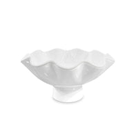 The Beatriz Ball Vida Havana Carola Pedestal Bowl White - Small is a white, glossy ceramic bowl with a wide, wavy scalloped rim and short round pedestal, making an elegant decorative accent against a plain white background.
