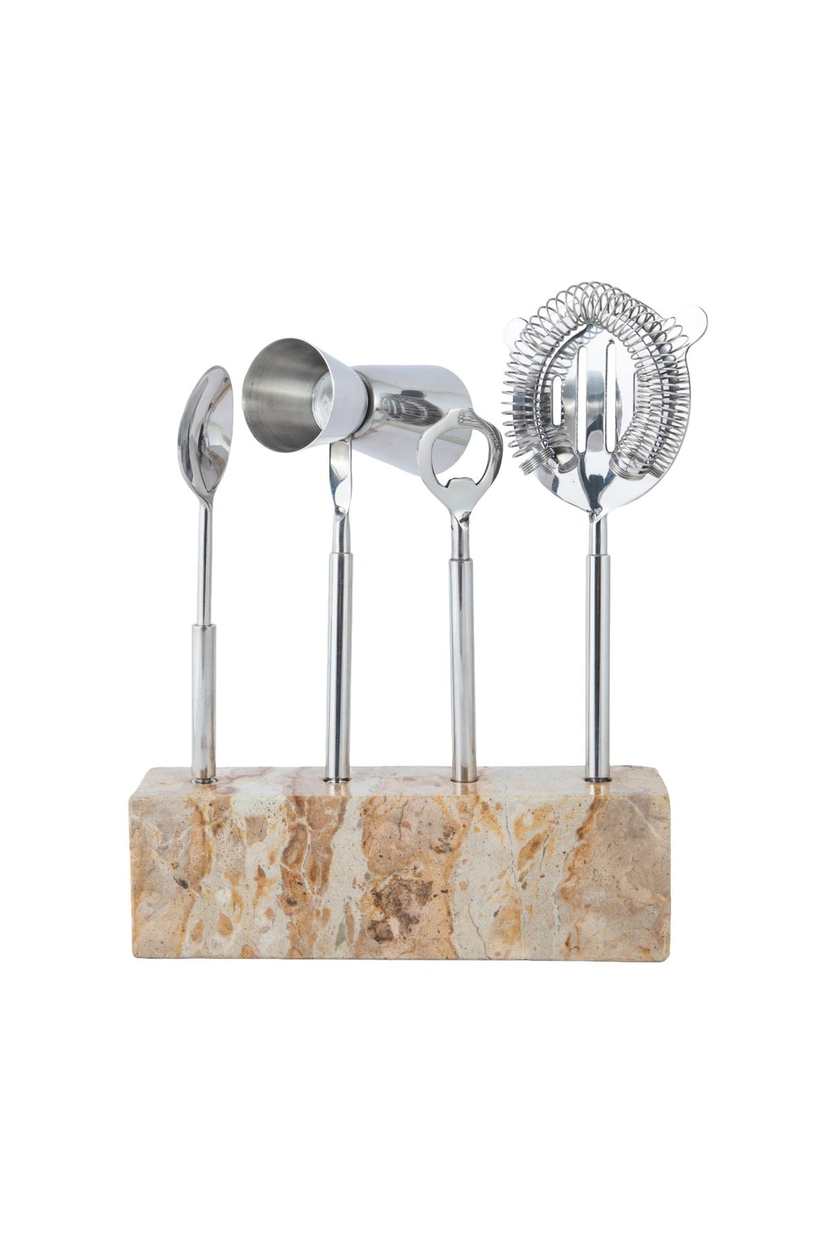 The Go Home Capri Bartool Set 5pc features four sleek stainless steel bar tools—spoon, jigger, bottle opener, and cocktail strainer—neatly arranged on a marble stand against a white background, making it the perfect addition to elevate any home bar.