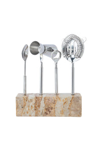 The Go Home Capri Bartool Set 5pc features four sleek stainless steel bar tools—spoon, jigger, bottle opener, and cocktail strainer—neatly arranged on a marble stand against a white background, making it the perfect addition to elevate any home bar.