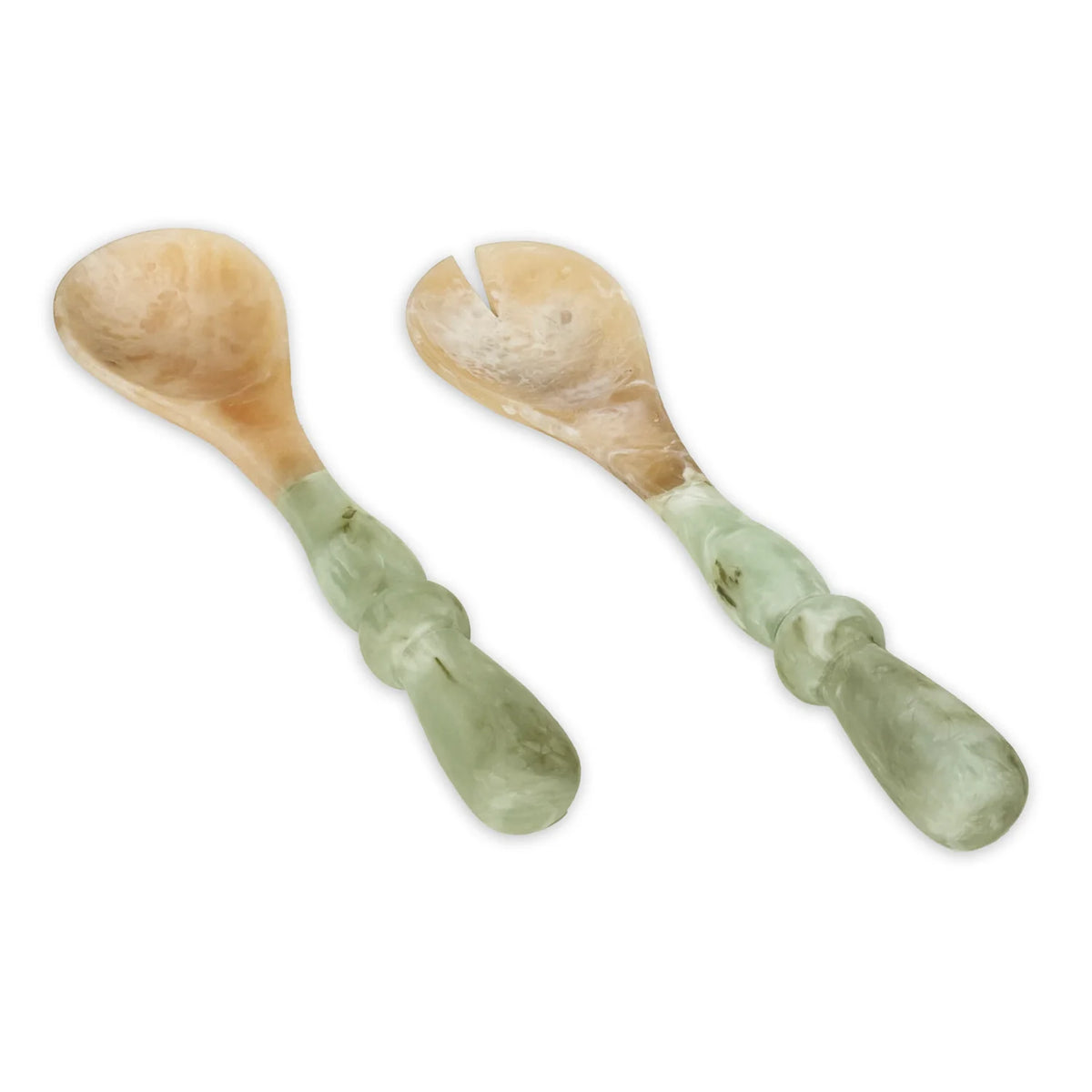 The Beatriz Ball Resin Giada Salad Server Set - Jade Swirl features a spoon and fork with jade swirl and beige marbled resin handles, shown on a white background.