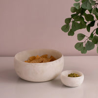 A Beatriz Ball Resin Sorbet Mini Bowl in Coconut holds guacamole beside tortilla chips on a white surface, with green branches and a light pink wall in the background.