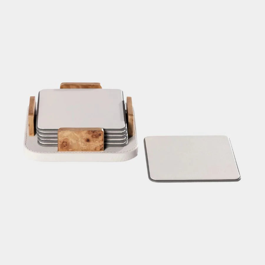 Leather & Veneer Coaster Set - Ivory