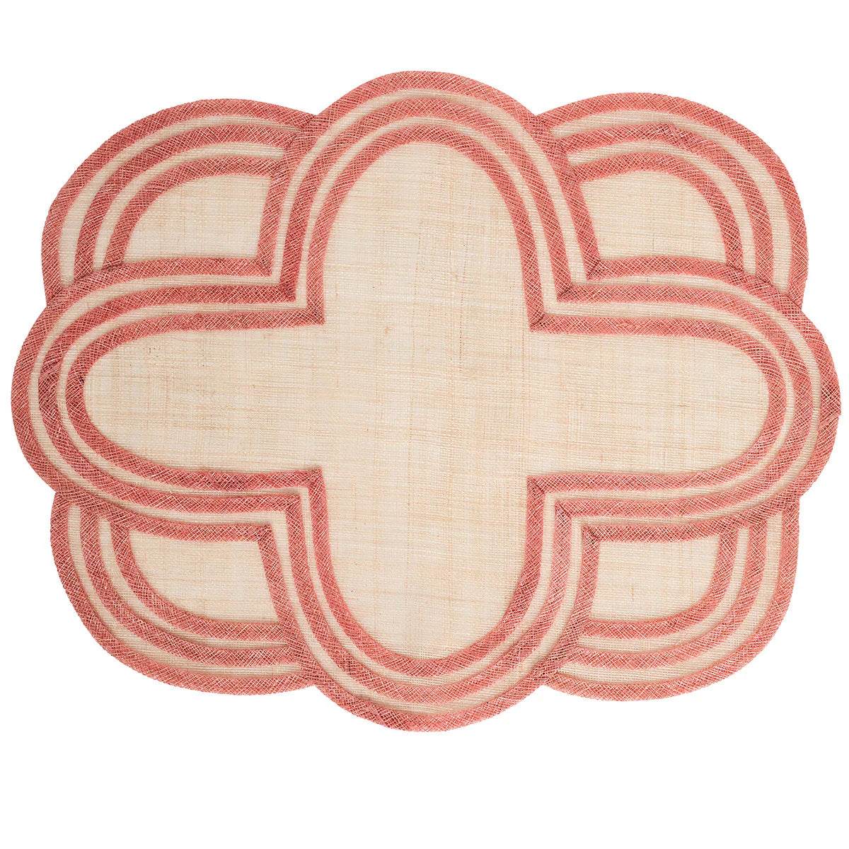 Add charm to your table with the Juliska Scallop Stripe Placemat—featuring a unique scalloped shape and overlapping pink and red stripes on a beige background for a modern touch.