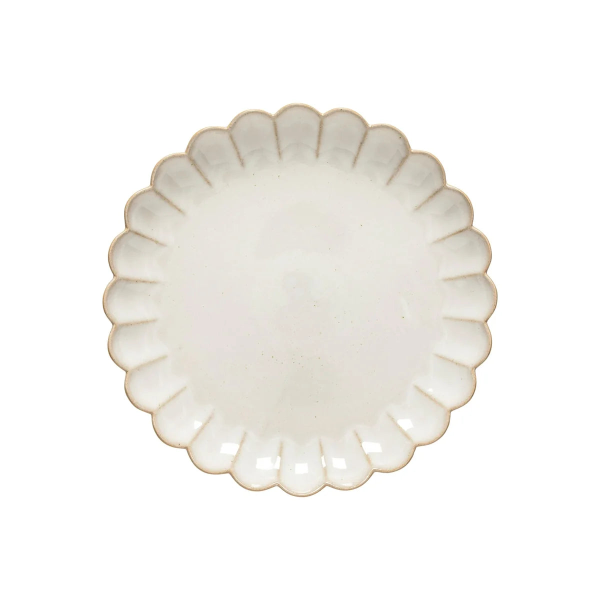 A round, off-white ceramic plate with scalloped edges and a slightly textured surface from the Marrakesh Dinnerware White collection by Casafina/Costa Nova, inspired by Moroccan tableware and viewed from above on a white background.