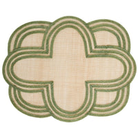 Add elegance to your table with Juliska's Scallop Stripe Placemat—a beige woven placemat featuring intricate scalloped edges and green trim, perfect for enhancing your collection.