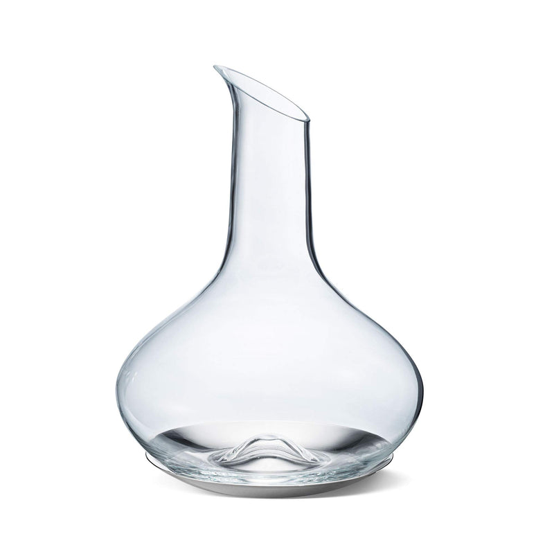 The Georg Jensen Sky Wine Decanter features clear glass with a wide, rounded base and a narrow, tilted spout, perfect for aerating fine wines and displayed on a white background.