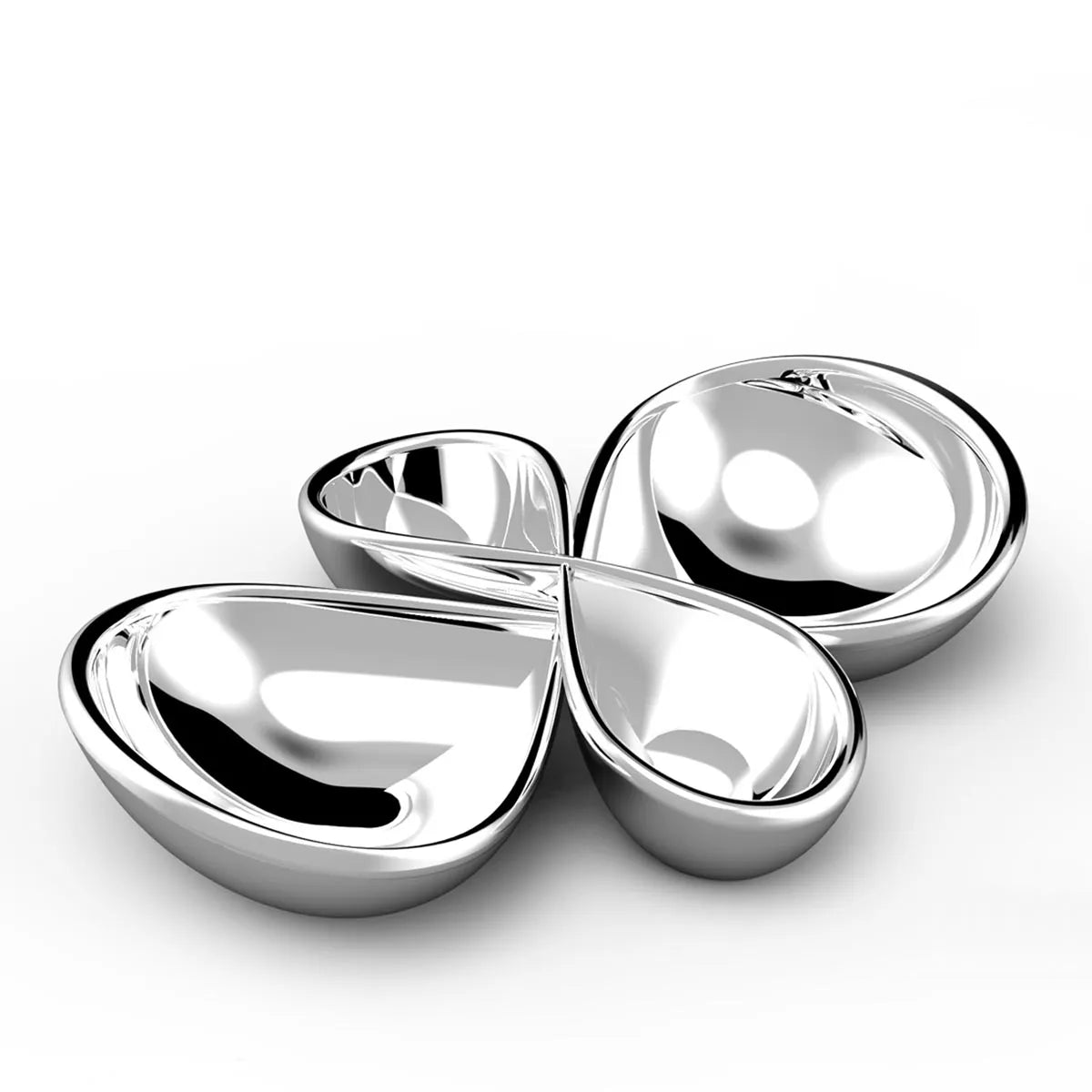 A shiny, metallic Infinity 2-Piece Server by Nambe, crafted from Nambé Alloy, features four rounded, petal-like shapes arranged symmetrically on a white background.
